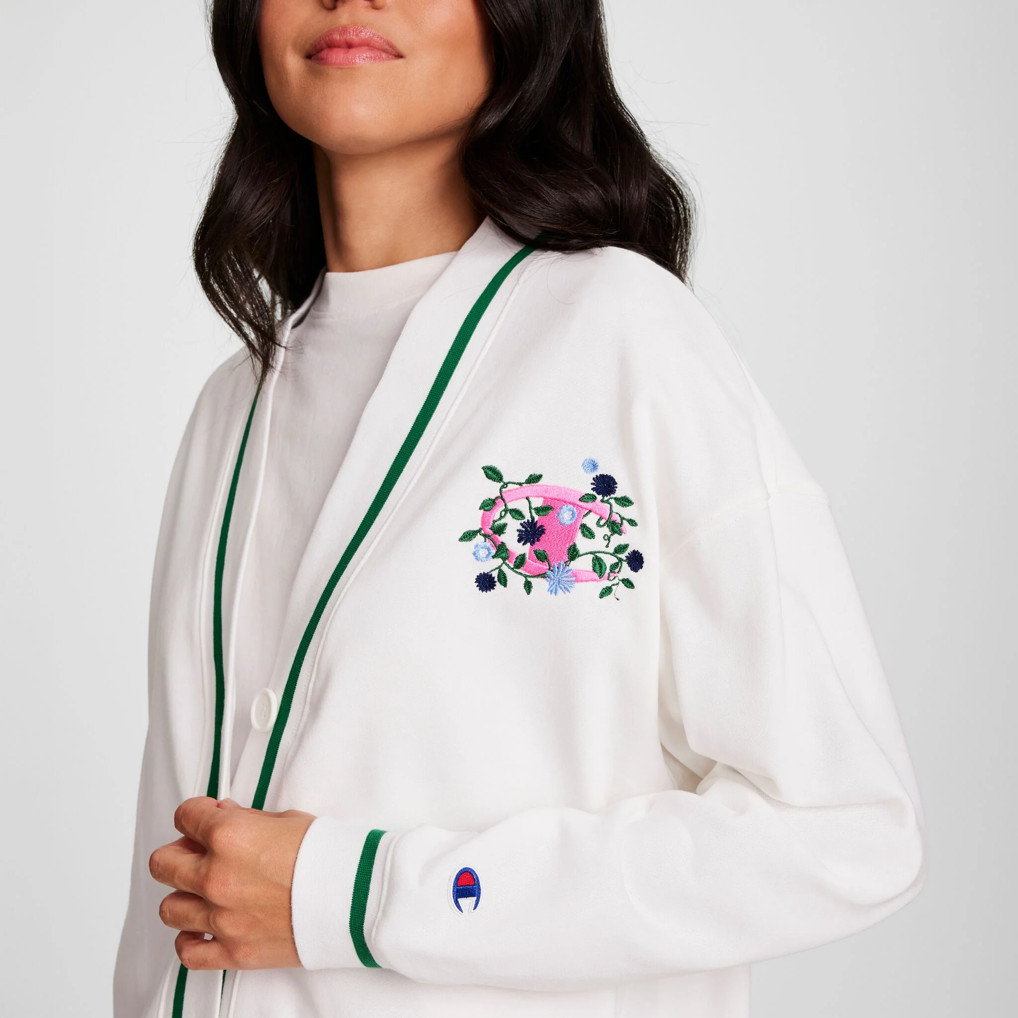 Country Club Cardigan, Embroidered Floral "C" Logo - Image 3